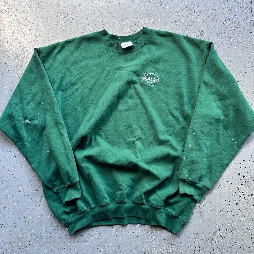 Jerzees 90s Vintage LA Rams Crewneck Sweatshirt XL Green Paint Splatter